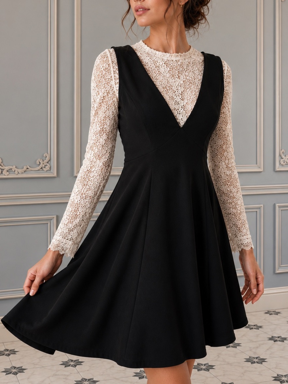 💎 SANDRO PARIS Black Dress Floral Lace Fit & Flare Quiet Luxury Euro Sz 2 (US M)